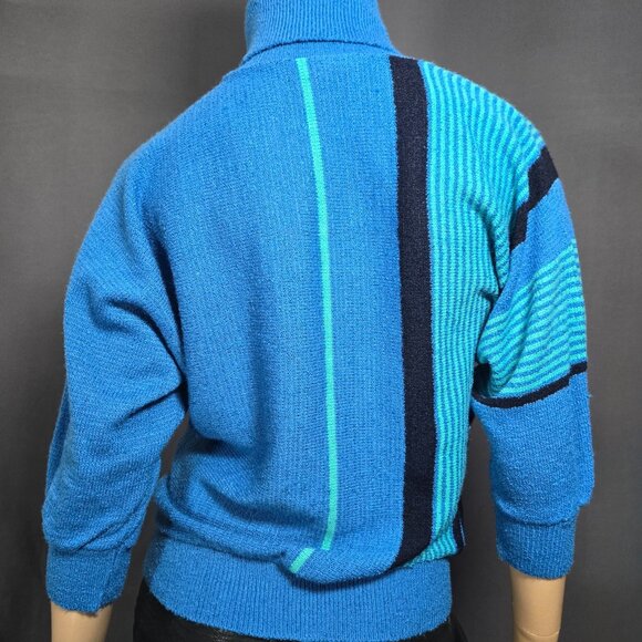 Vintage 80s Blue Striped Sweater Size M Dolman Sleeve Turtleneck New Wave - Picture 8 of 10